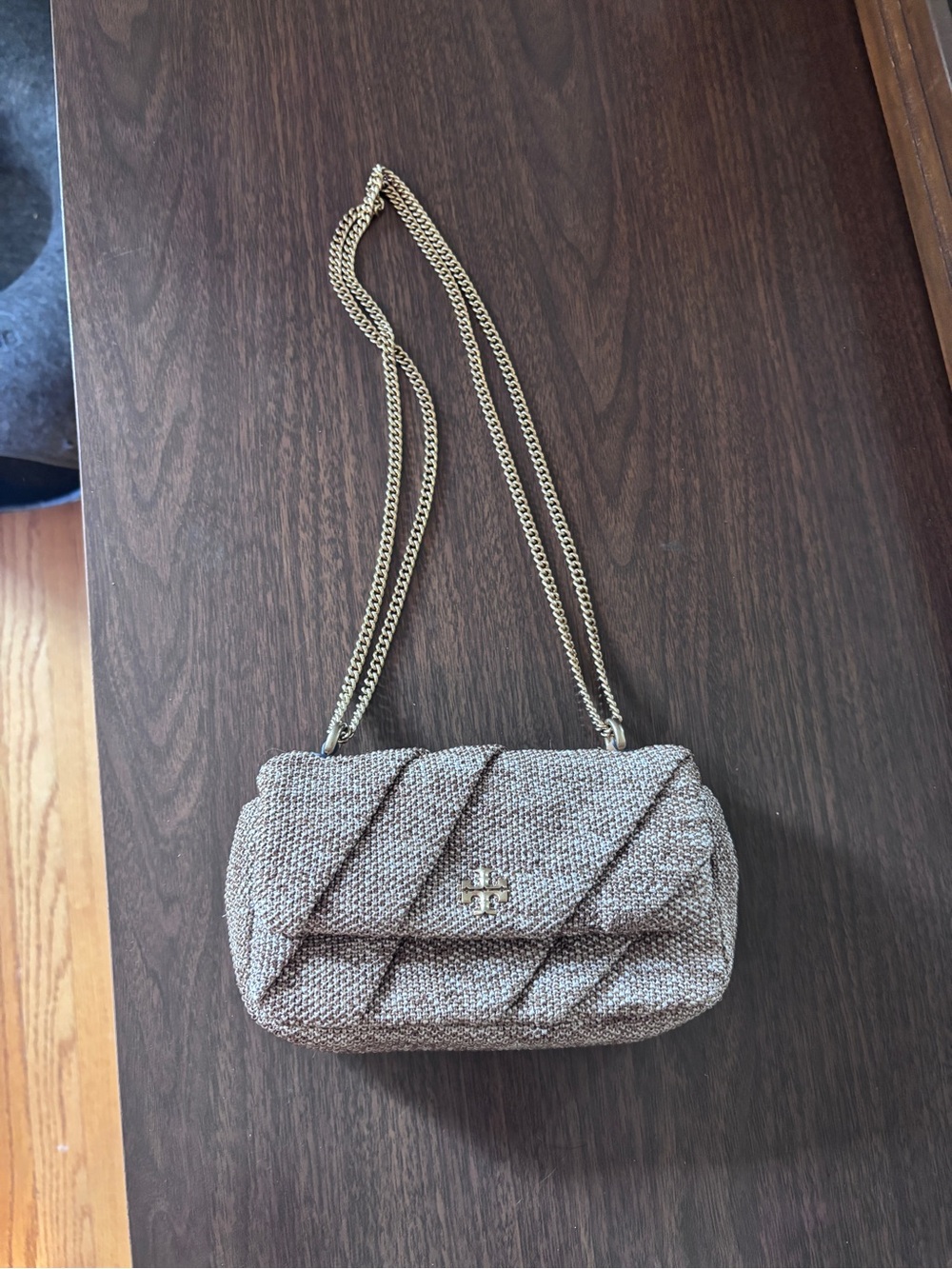 Tory Burch Beige Tweed quilted adjustable Chain Shoulder Bag